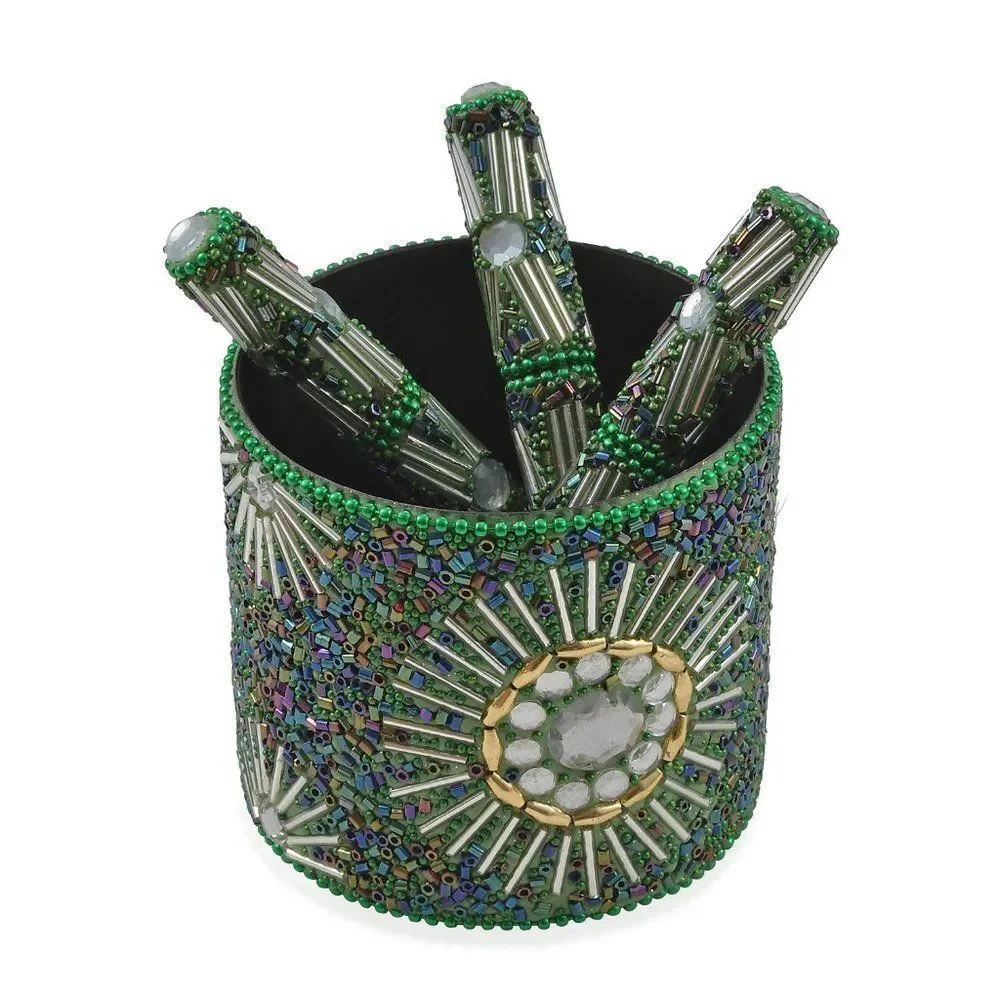 Beaded Pen Pot Set (3) Green Beaded Pens
